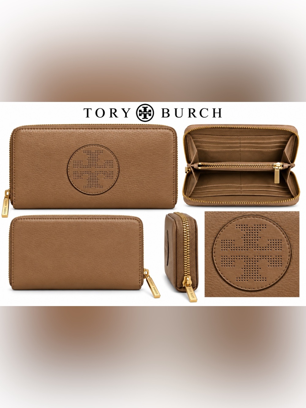 Tory Burch Perforated Logo Zip-Around Wallet - Tan
